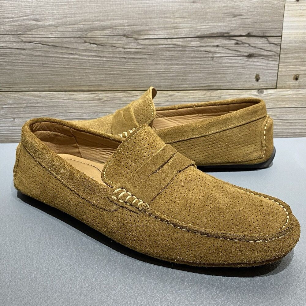 Flag Ltd. Penny Loafers Perforated Suede Leather Nappa Glove Mens 9.5M Camel Tan